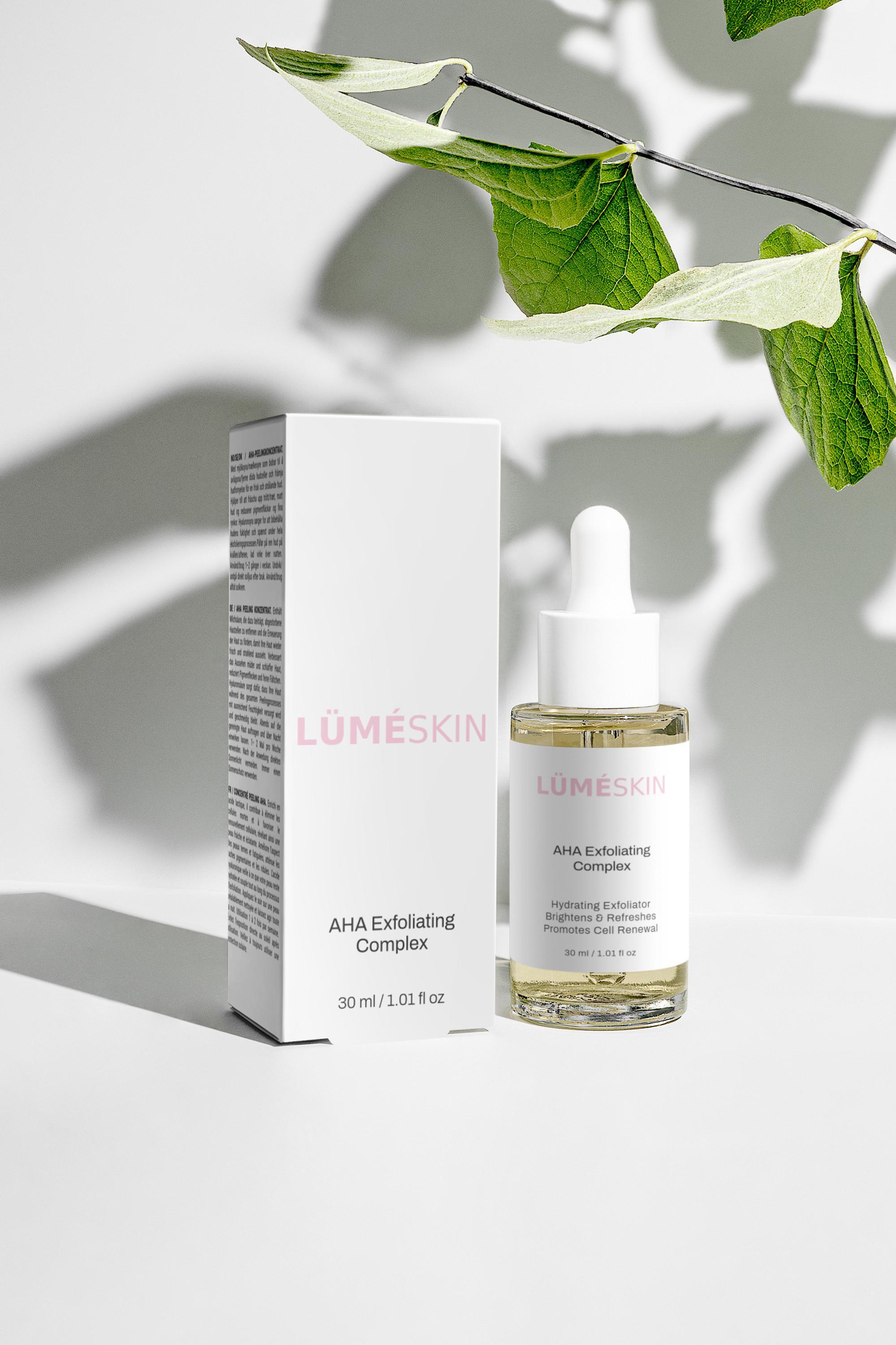 LÜMÉSKIN AHA exfoliating complex product packaging skincare bottle
