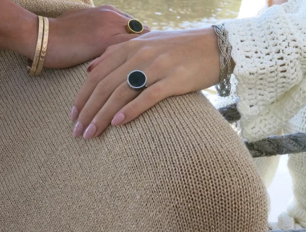 Black Onyx Lip Balm Ring in Stainless Steel
