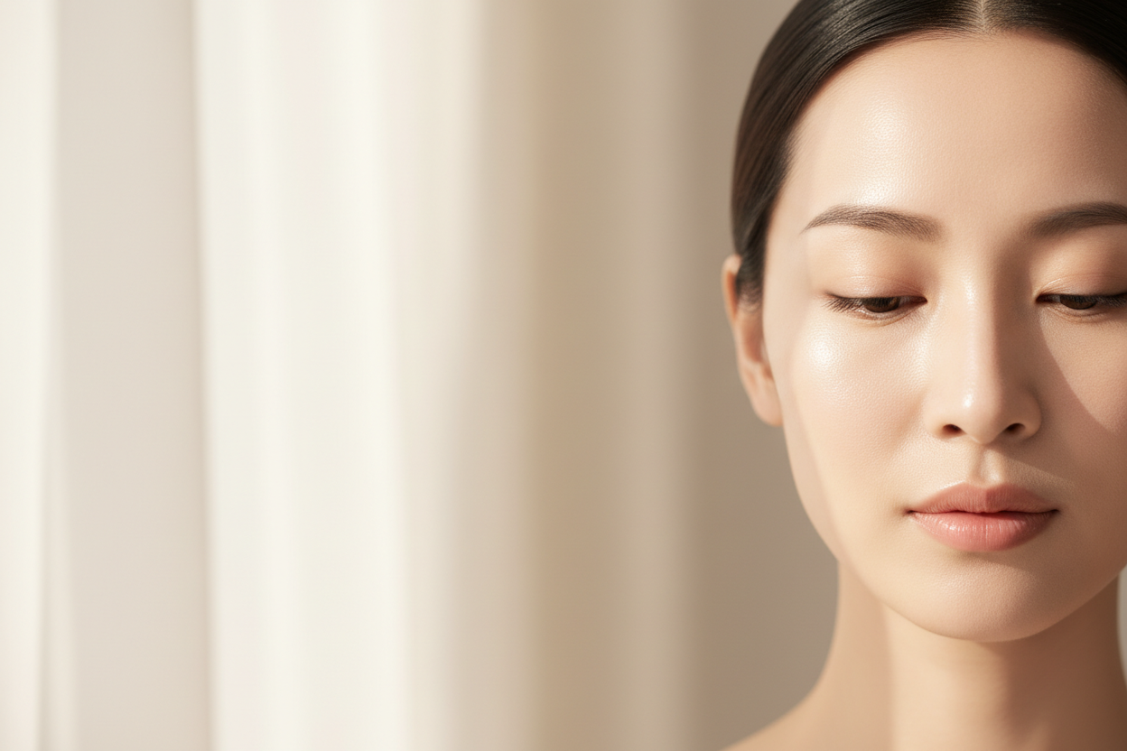 beautiful chinese woman wiith clear skin with closed eyes - face should be aligned to the right side of picture