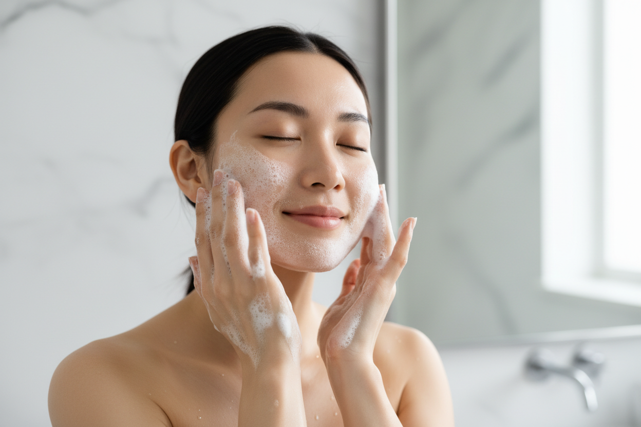 Asian woman washing face with LÜMÉSKIN foam cleanser gentle lather

