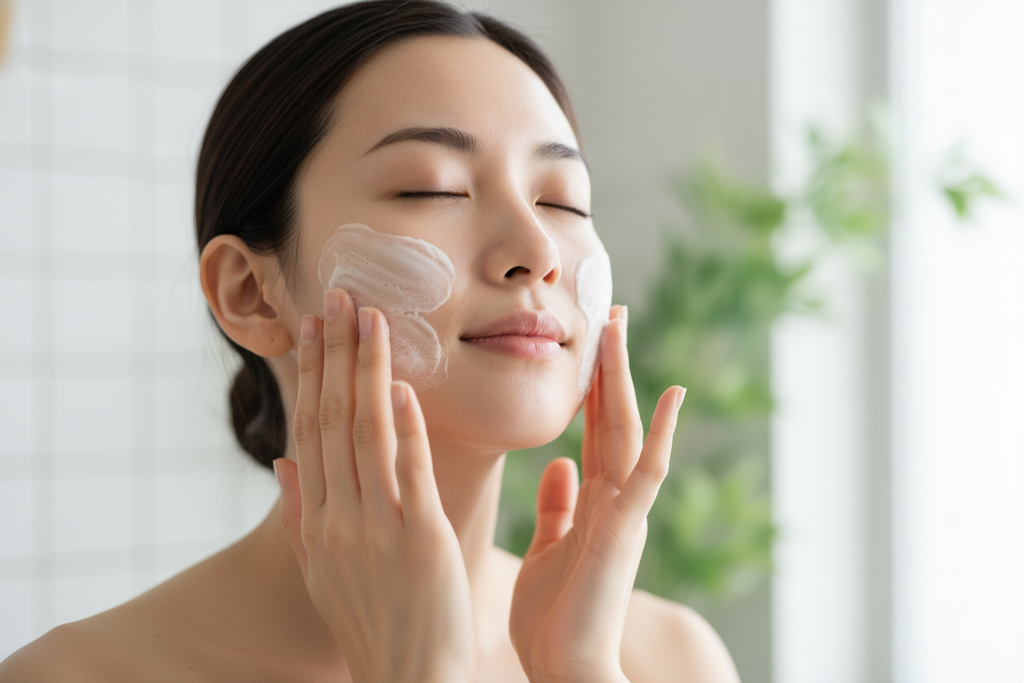 Woman applying LÜMÉSKIN creamy cleanser to cheeks gentle cleansing

