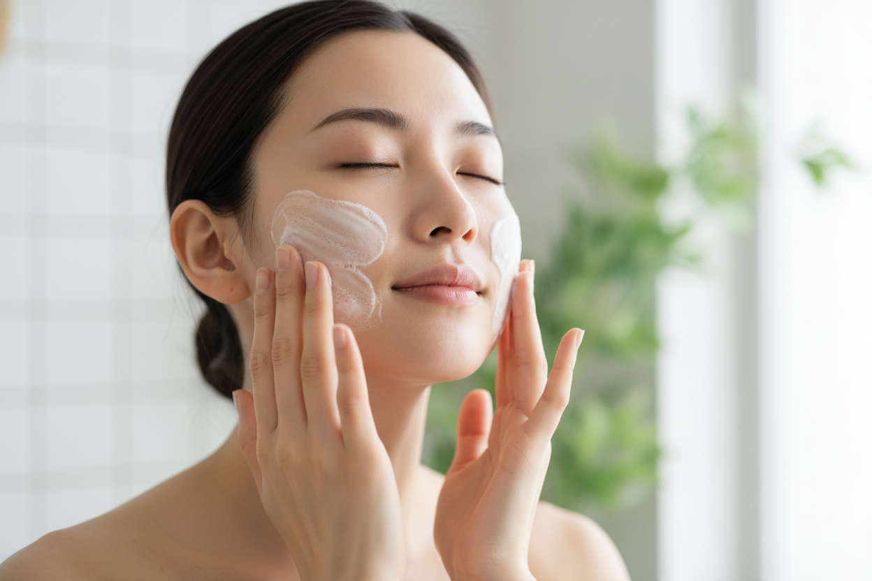 Woman applying LÜMÉSKIN creamy cleanser to cheeks gentle cleansing
