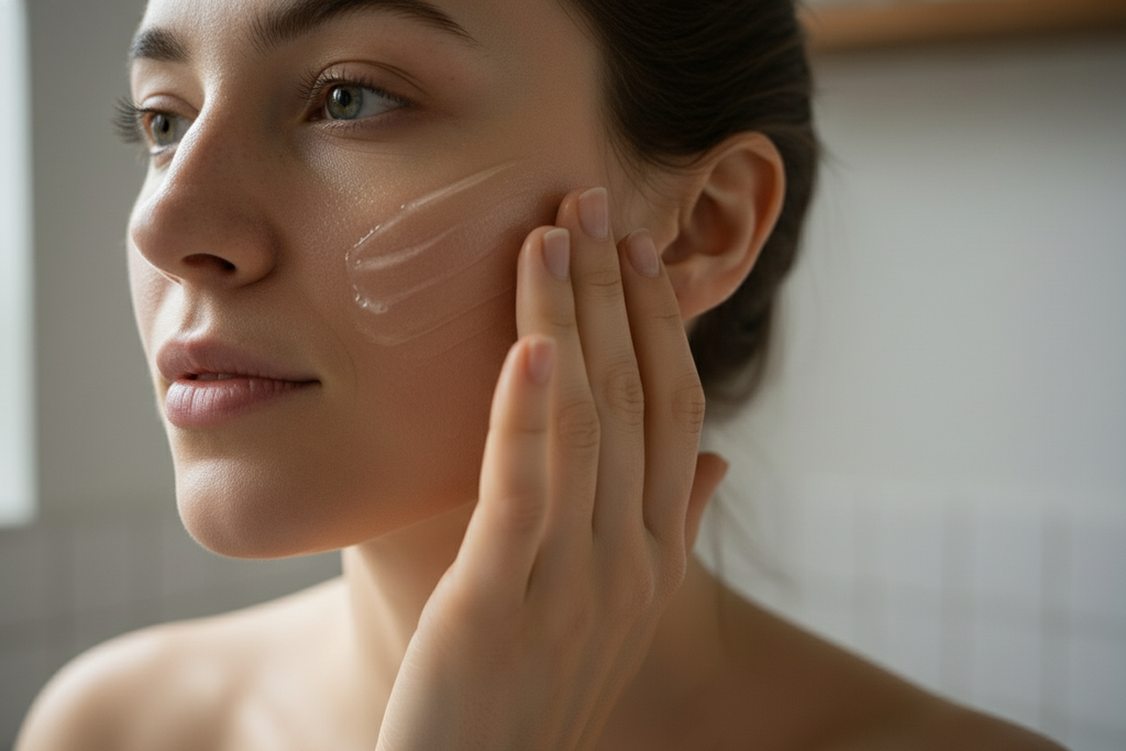 Woman applying LÜMÉSKIN gel moisturizer to face clear lightweight texture
