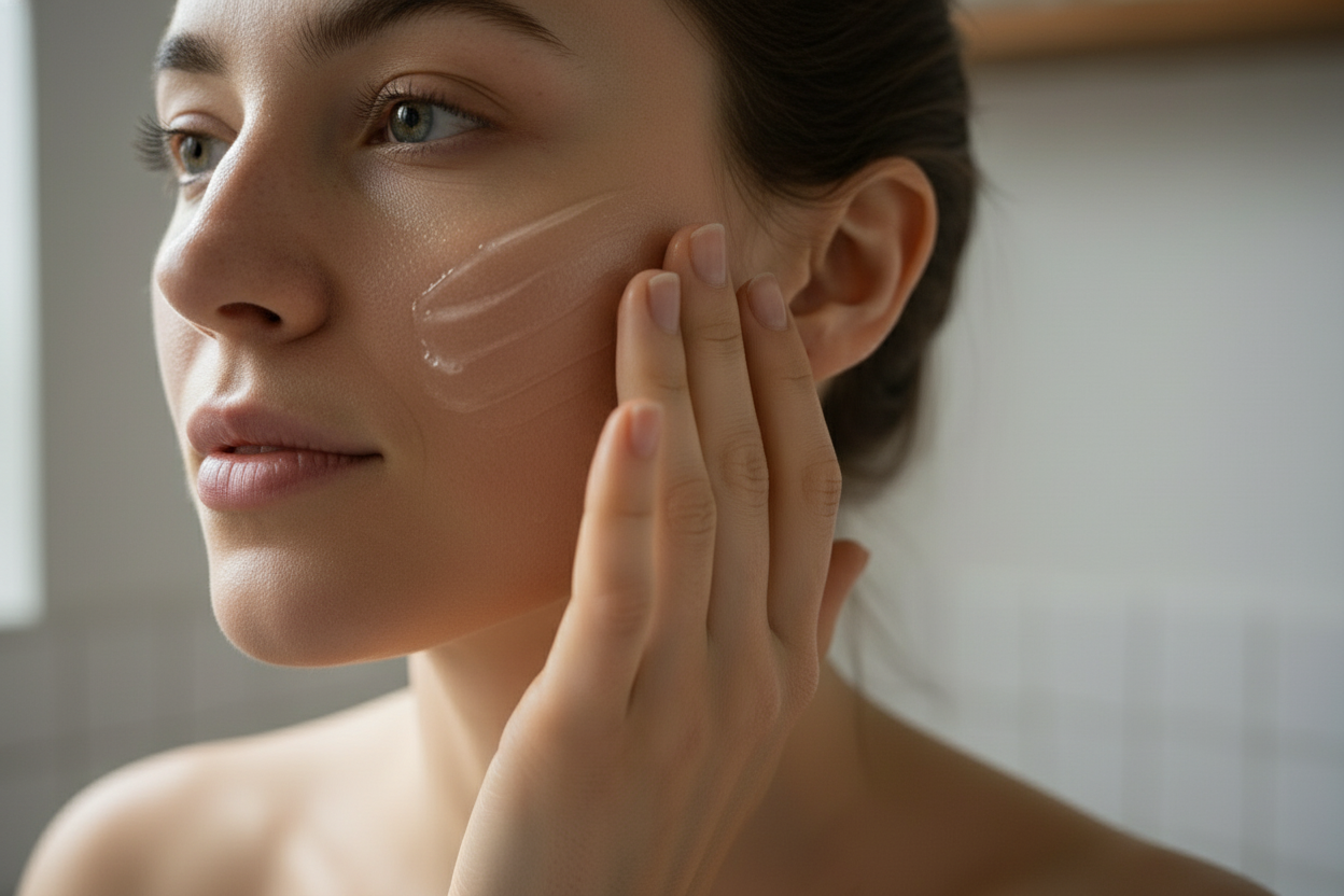 Woman applying LÜMÉSKIN gel moisturizer to face clear lightweight texture
