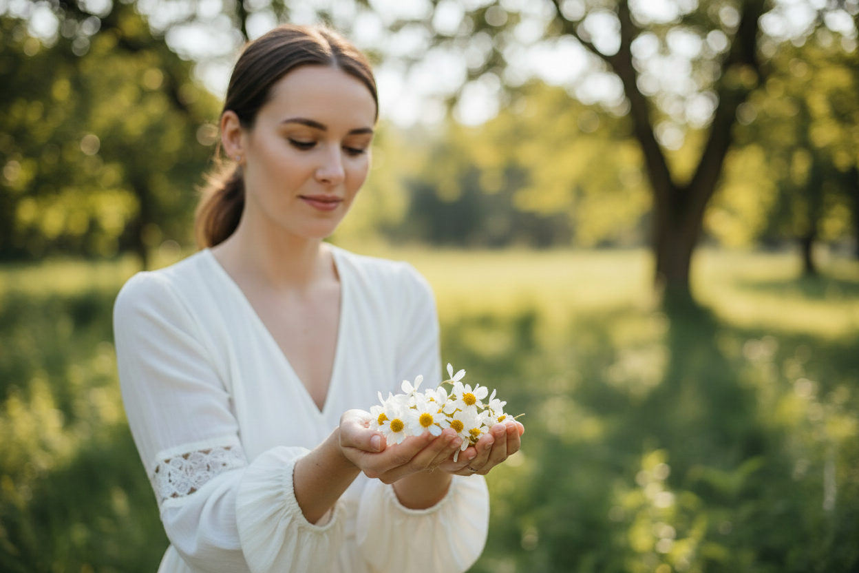 Woman with Bidens Pilosa white petals LÜMÉSKIN bio-retinol moisturizer natural ingredients
