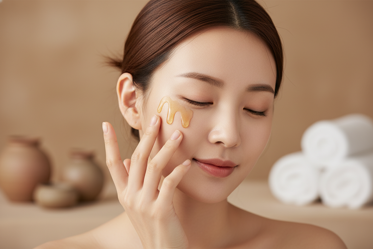 Korean woman applying LÜMÉSKIN ginkgo biloba serum to face with fingers
