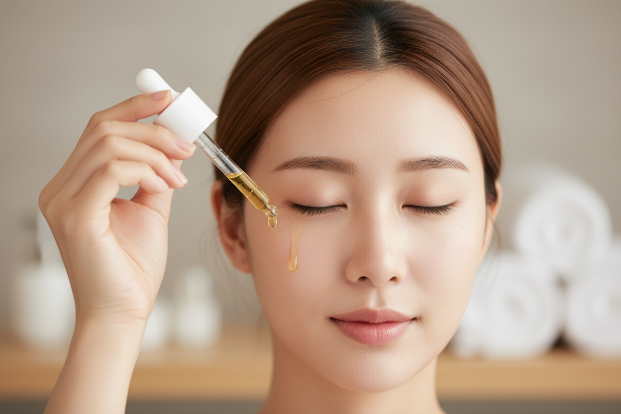 Korean woman applying LÜMÉSKIN bio-retinol serum with dropper one drop
