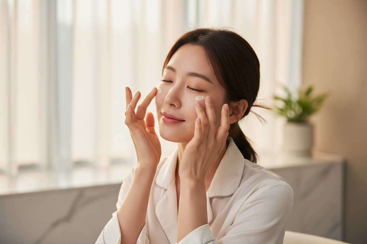 Woman applying LÜMÉSKIN eye serum under eye area anti-aging treatment
