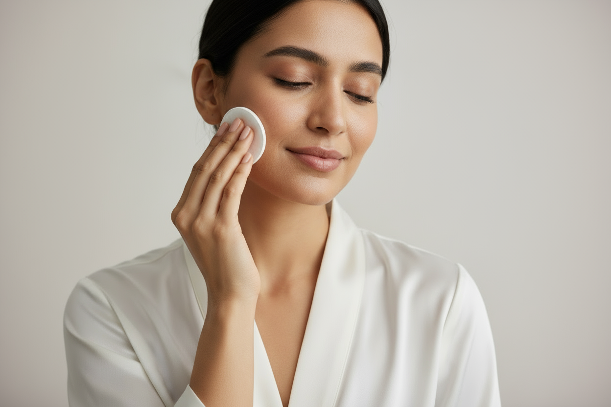 Woman applying LÜMÉSKIN toner to face with cotton pad balancing treatment
